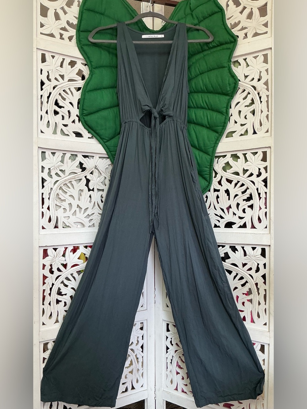 Aila Blue steel grey tie front sleeveless jumpsuit, size XS. Pockets.